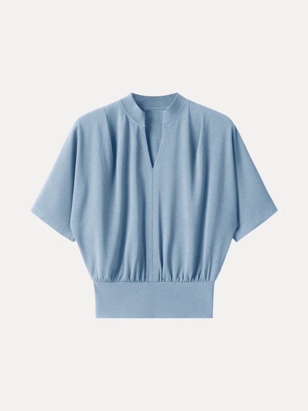 NWT OGL Stand Collar V-Neck Short Sleeve Top IN STEEL BLUE
